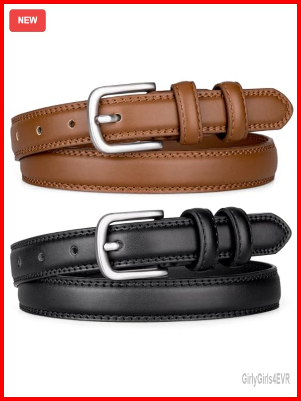 2 Pack Faux Leather Belts for Women 0.98" Wide Silver-Tone Buckle